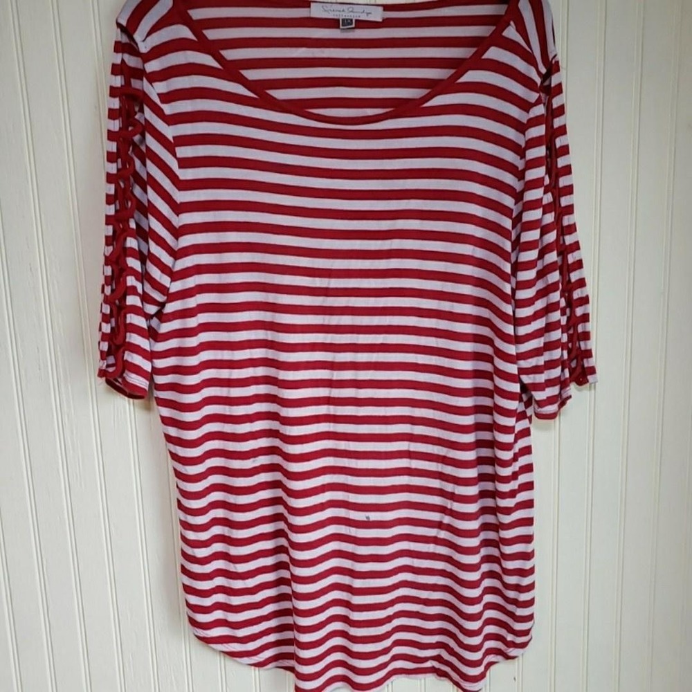French Laundry Shirt Womens Plus 1X Red Stripe Scoop Neck Slit Sleeve Tunic Top - Picture 2 of 8